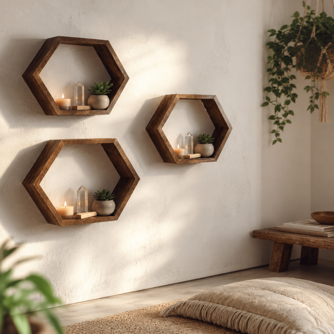 Lot de 3 Étagères Murales Hexagonales Bois – Déco Scandinave