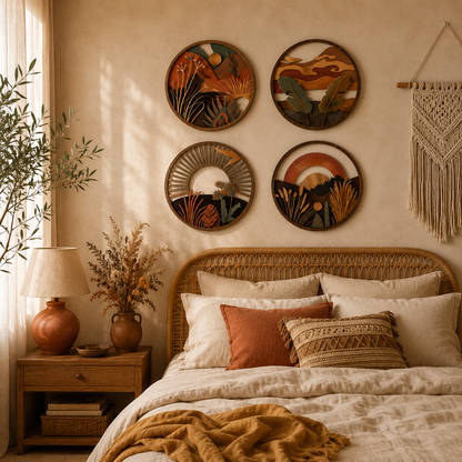 Lot de 4 Tableaux Muraux Ronds Bois – Déco Bohème Paysage