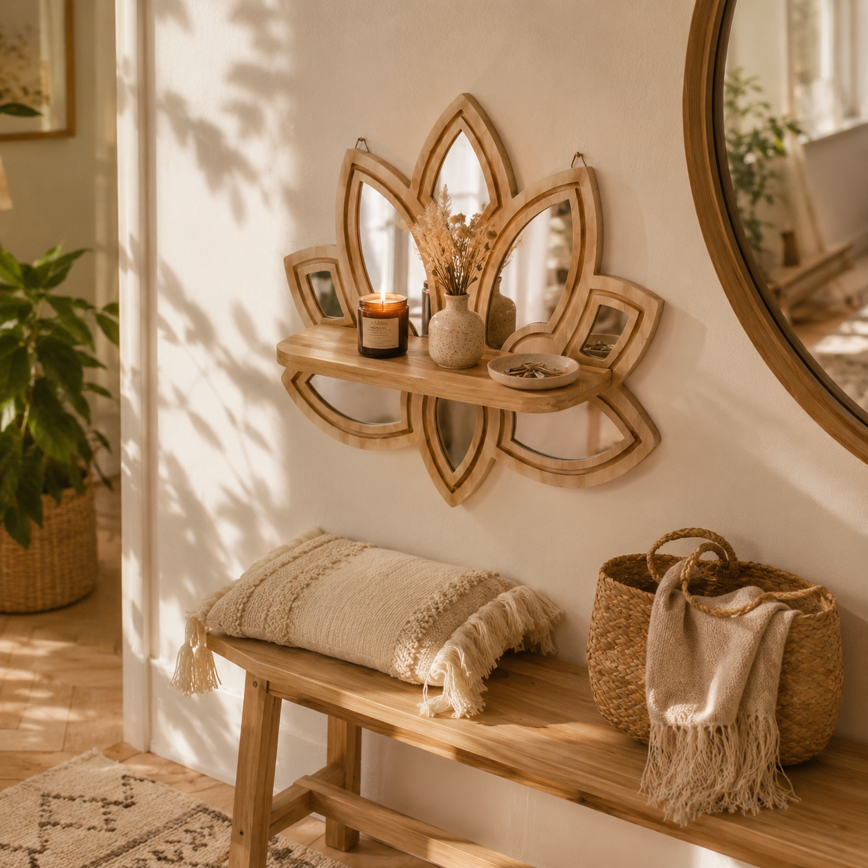 Étagère Murale Bois Forme Lotus & Miroirs – Déco Fleur Bohème