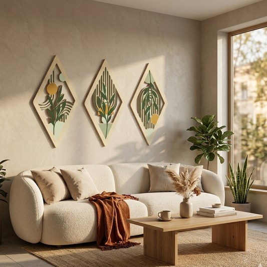 Lot de 3 Tableaux Muraux Losange en Bois – Déco Botanique Bohème