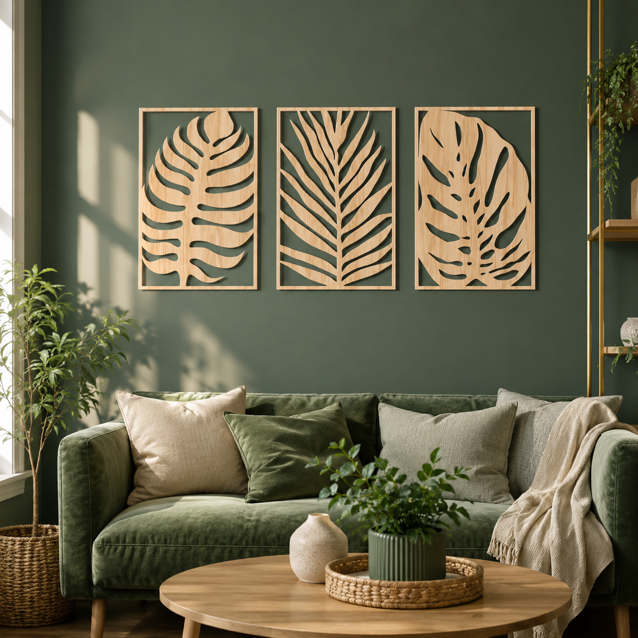 Lot de 3 Tableaux Muraux Feuilles Tropicales Bois – Déco Botanique