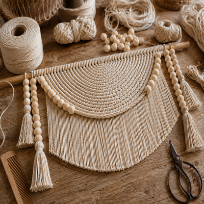 Tenture Murale Macramé Perles Bois – Déco Bohème Demi-Lune