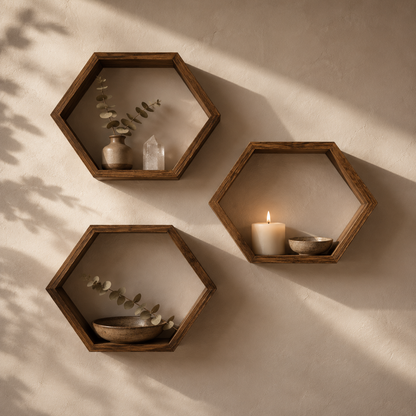 Lot de 3 Étagères Murales Hexagonales Bois – Déco Scandinave