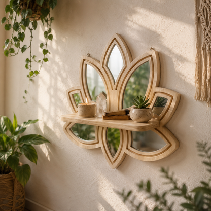 Étagère Murale Bois Forme Lotus & Miroirs – Déco Fleur Bohème