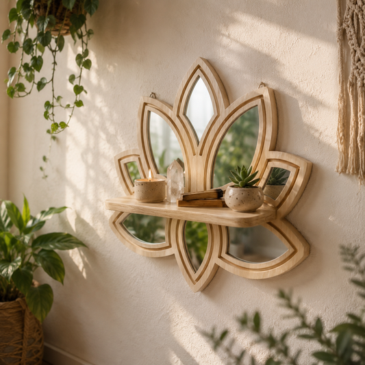 Étagère Murale Bois Forme Lotus & Miroirs – Déco Fleur Bohème