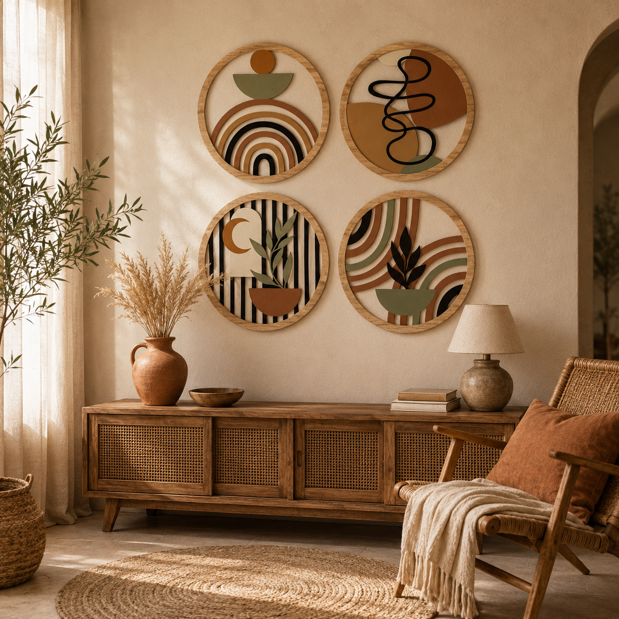Lot de 4 Tableaux Muraux Ronds Bois – Déco Bohème Abstraite