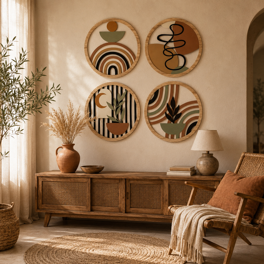 Lot de 4 Tableaux Muraux Ronds Bois – Déco Bohème Abstraite