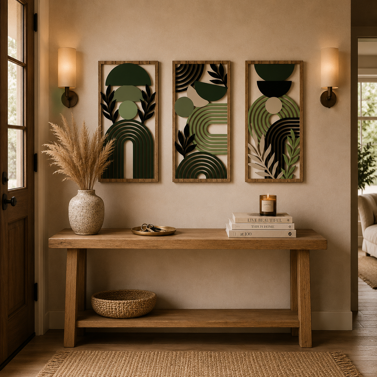Lot de 3 Tableaux Muraux Bois – Déco Géométrique Vert & Doré