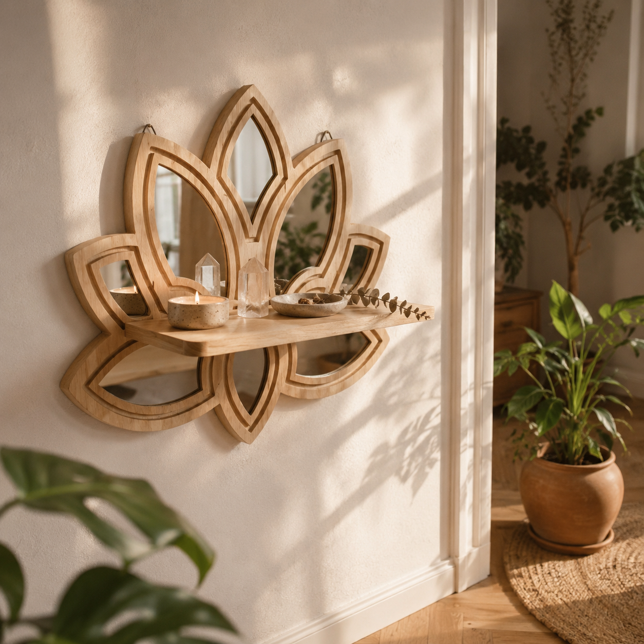 Étagère Murale Bois Forme Lotus & Miroirs – Déco Fleur Bohème