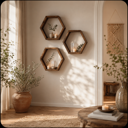 Lot de 3 Étagères Murales Hexagonales Bois – Déco Scandinave