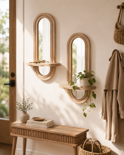 Lot de 2 Étagères Murales Bois & Miroir Intégré – Déco Bohème