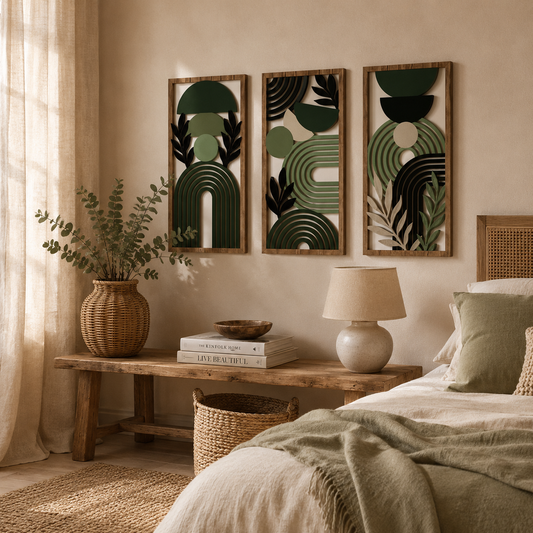 Lot de 3 Tableaux Muraux Bois – Déco Géométrique Vert & Doré