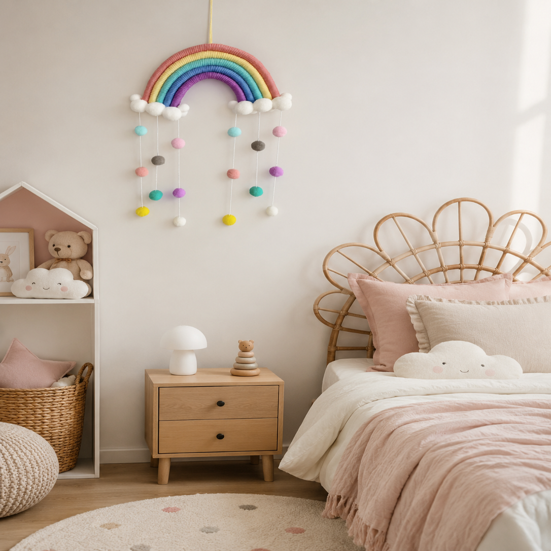 Suspension Arc-en-Ciel Pompons – Déco Chambre Bébé Enfant