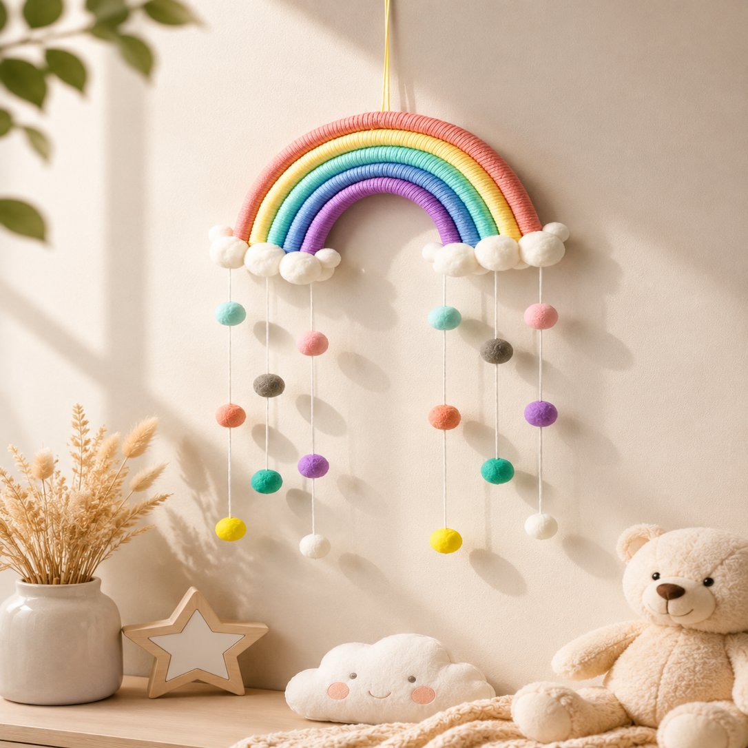 Suspension Arc-en-Ciel Pompons – Déco Chambre Bébé Enfant