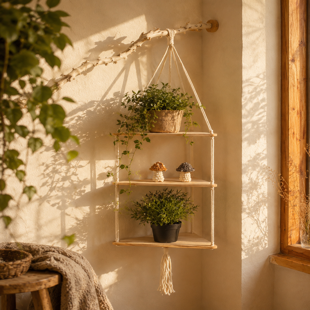 Étagère Murale Suspendue Macramé Bohème – Étagère Flottante Bois