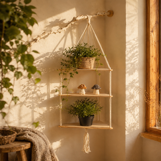 Étagère Murale Suspendue Macramé Bohème – Étagère Flottante Bois