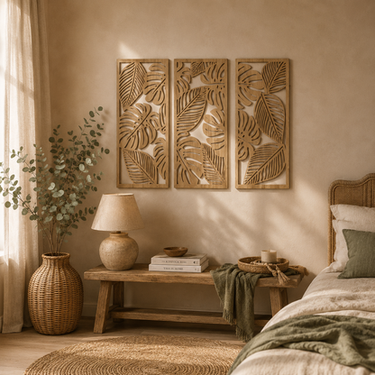 Lot de 3 Tableaux Muraux Bois – Déco Géométrique Vert & Doré