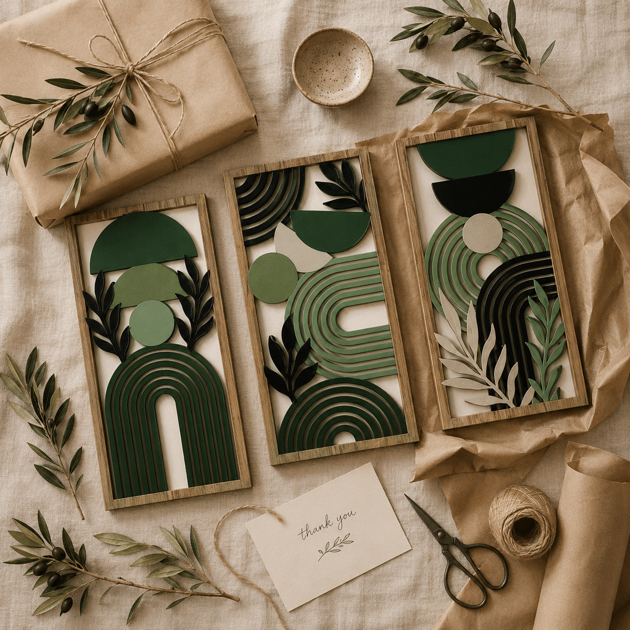 Lot de 3 Tableaux Muraux Bois – Déco Géométrique Vert & Doré