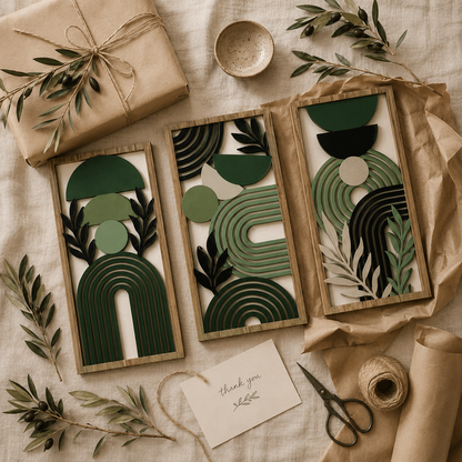 Lot de 3 Tableaux Muraux Bois – Déco Géométrique Vert & Doré