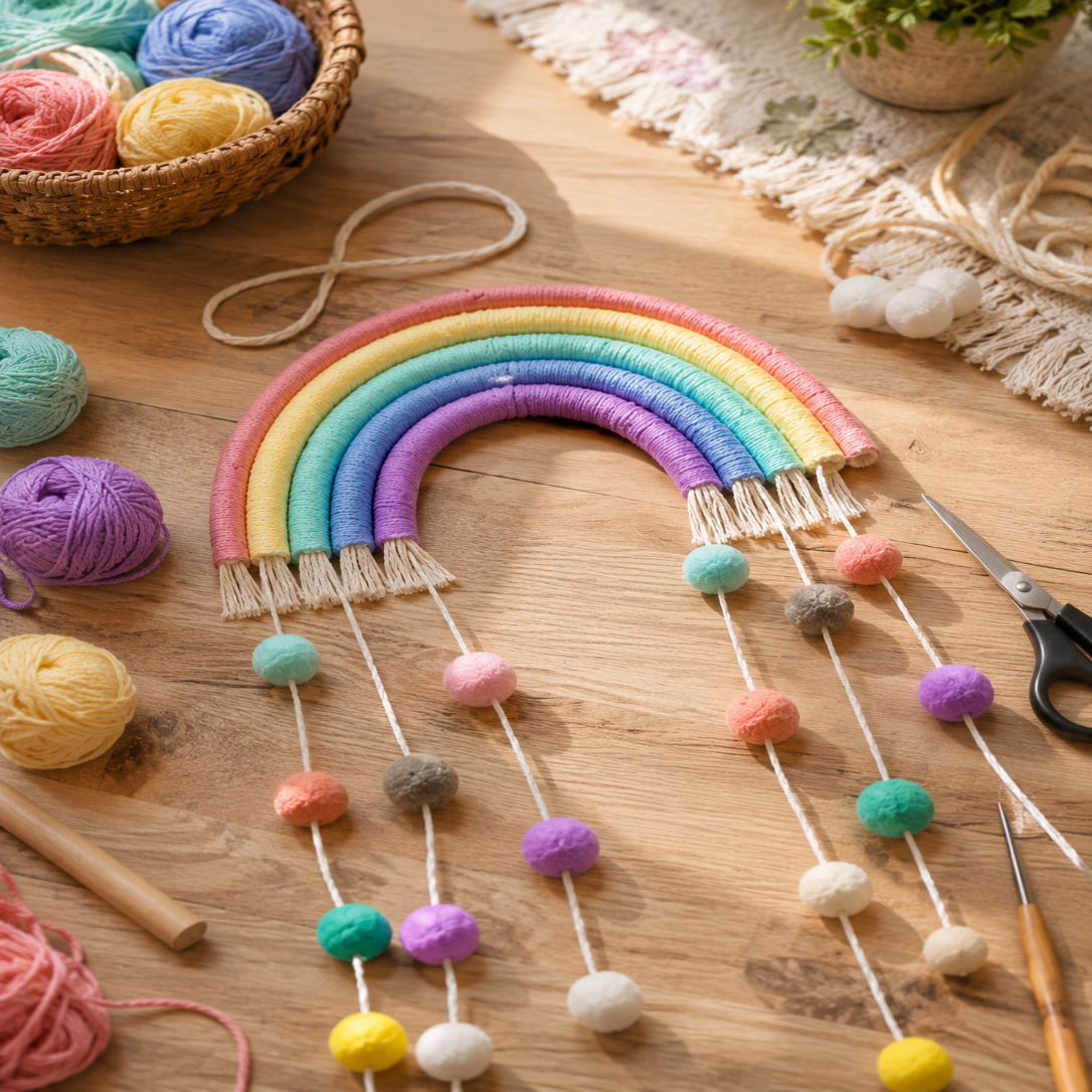 Suspension Arc-en-Ciel Pompons – Déco Chambre Bébé Enfant