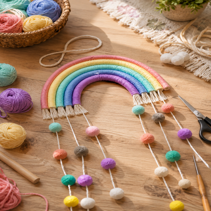 Suspension Arc-en-Ciel Pompons – Déco Chambre Bébé Enfant