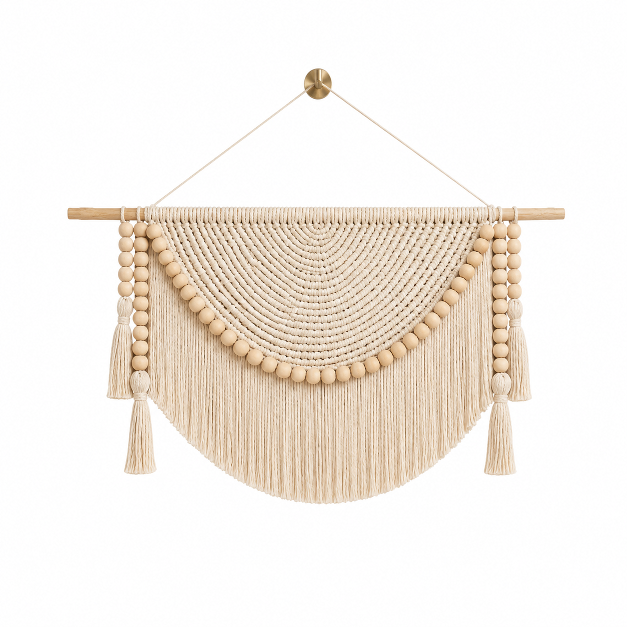 Tenture Murale Macramé Perles Bois – Déco Bohème Demi-Lune