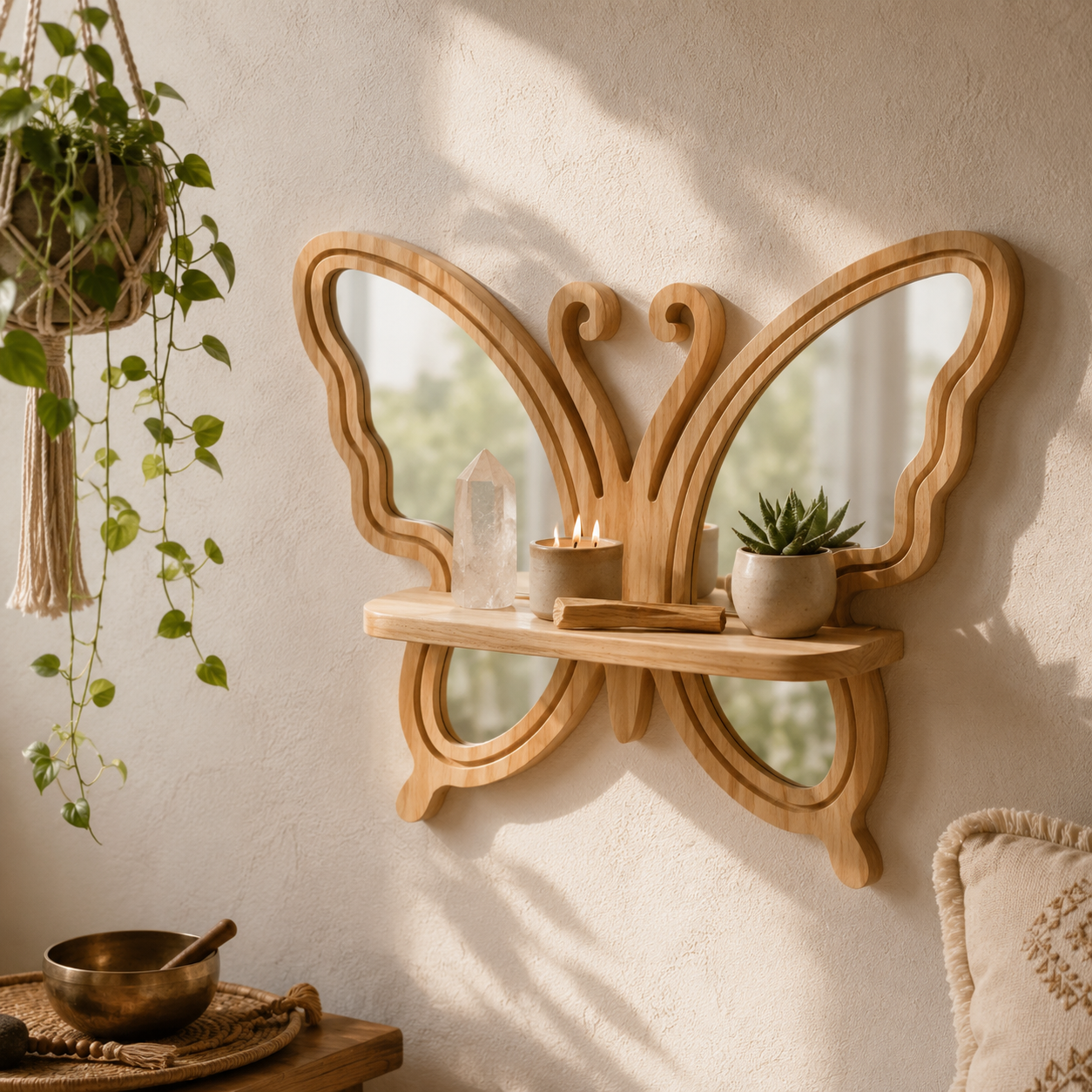 Étagère Murale Bois Forme Papillon & Miroirs – Déco Bohème