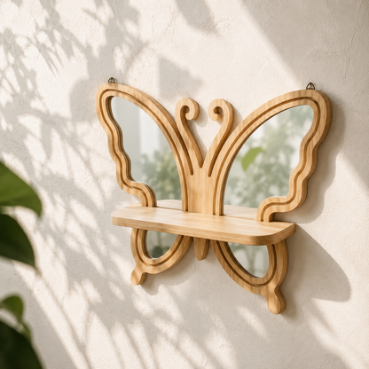 Étagère Murale Bois Forme Papillon & Miroirs – Déco Bohème