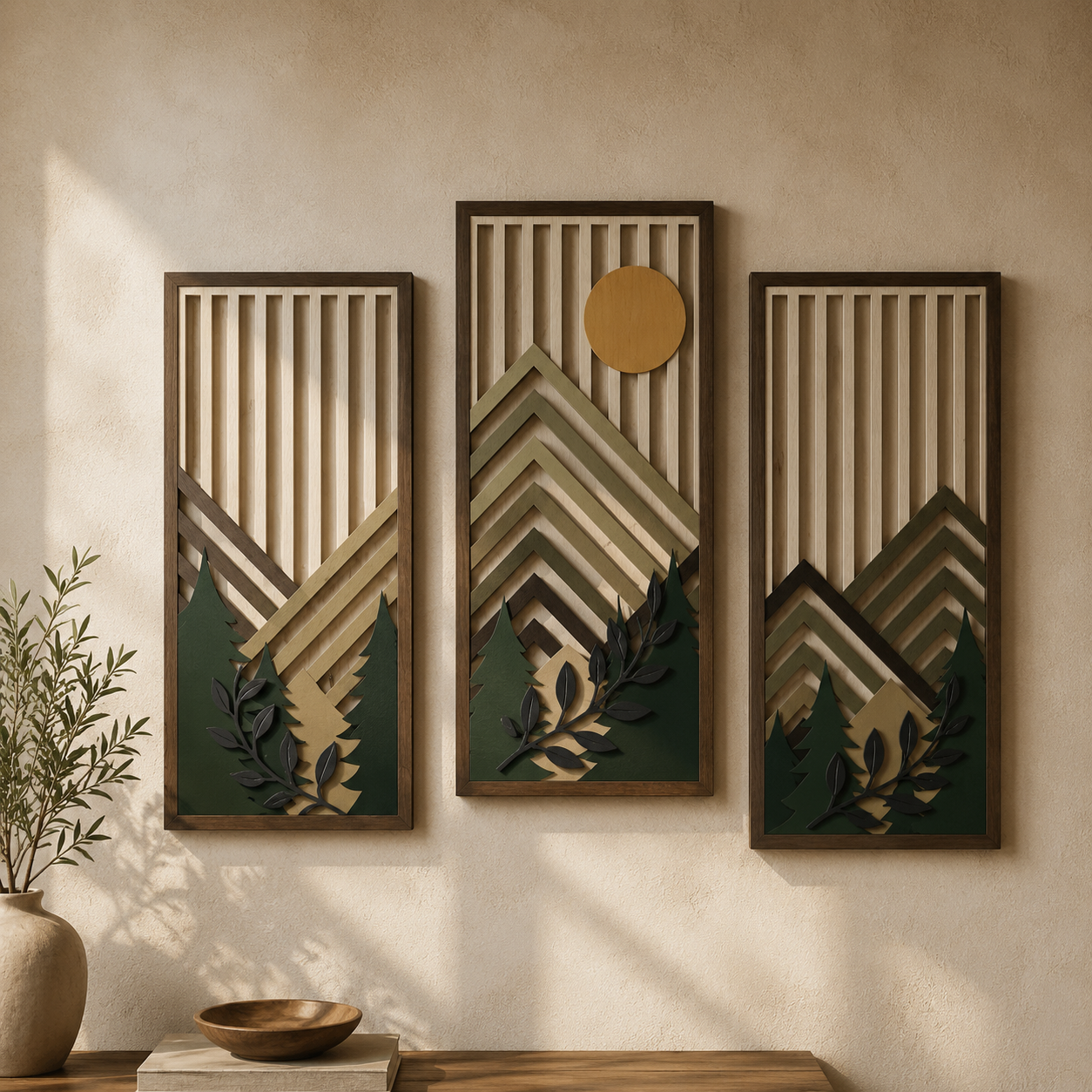 Lot de 3 Tableaux Muraux Bois Montagne – Déco Nature Moderne