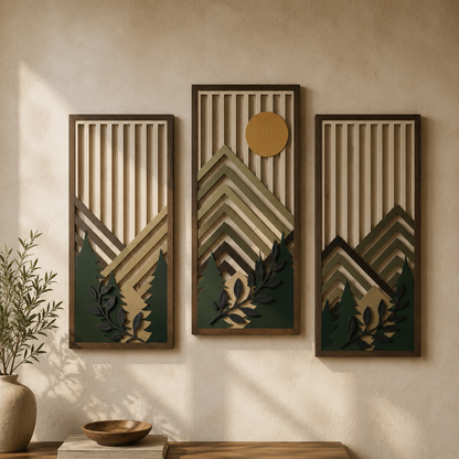 Lot de 3 Tableaux Muraux Bois Montagne – Déco Nature Moderne