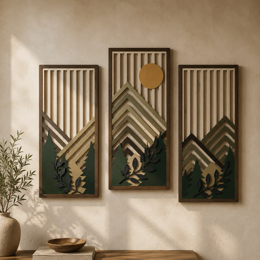 Lot de 3 Tableaux Muraux Bois Montagne – Déco Nature Moderne