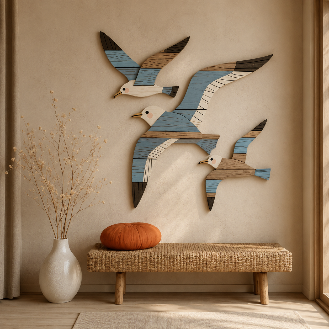 Lot de 3 Décorations Murales Mouettes Bois – Déco Bord de Mer