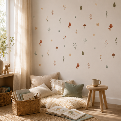 Stickers Muraux Bohèmes Champignons & Feuilles – Chambre Bébé Enfant