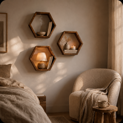 Lot de 3 Étagères Murales Hexagonales Bois – Déco Scandinave