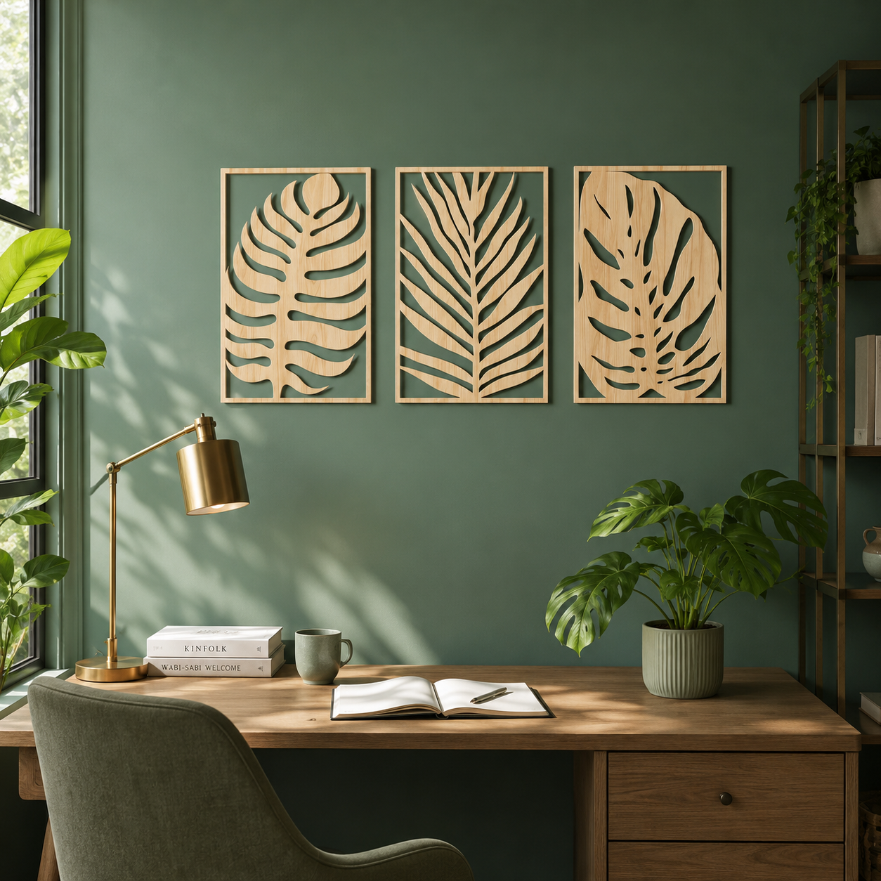Lot de 3 Tableaux Muraux Feuilles Tropicales Bois – Déco Botanique