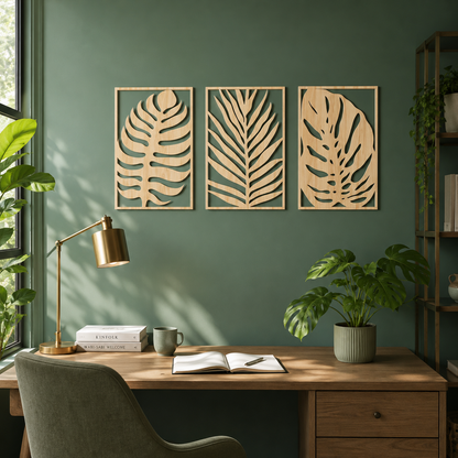 Lot de 3 Tableaux Muraux Feuilles Tropicales Bois – Déco Botanique