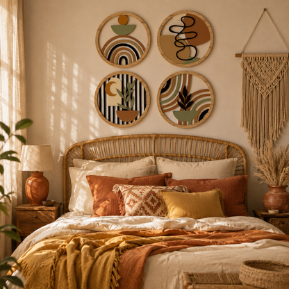 Lot de 4 Tableaux Muraux Ronds Bois – Déco Bohème Abstraite