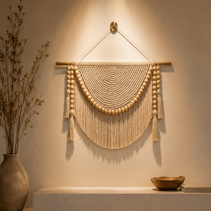 Tenture Murale Macramé Perles Bois – Déco Bohème Demi-Lune