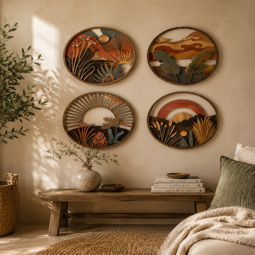 Lot de 4 Tableaux Muraux Ronds Bois – Déco Bohème Paysage