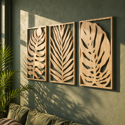 Lot de 3 Tableaux Muraux Feuilles Tropicales Bois – Déco Botanique
