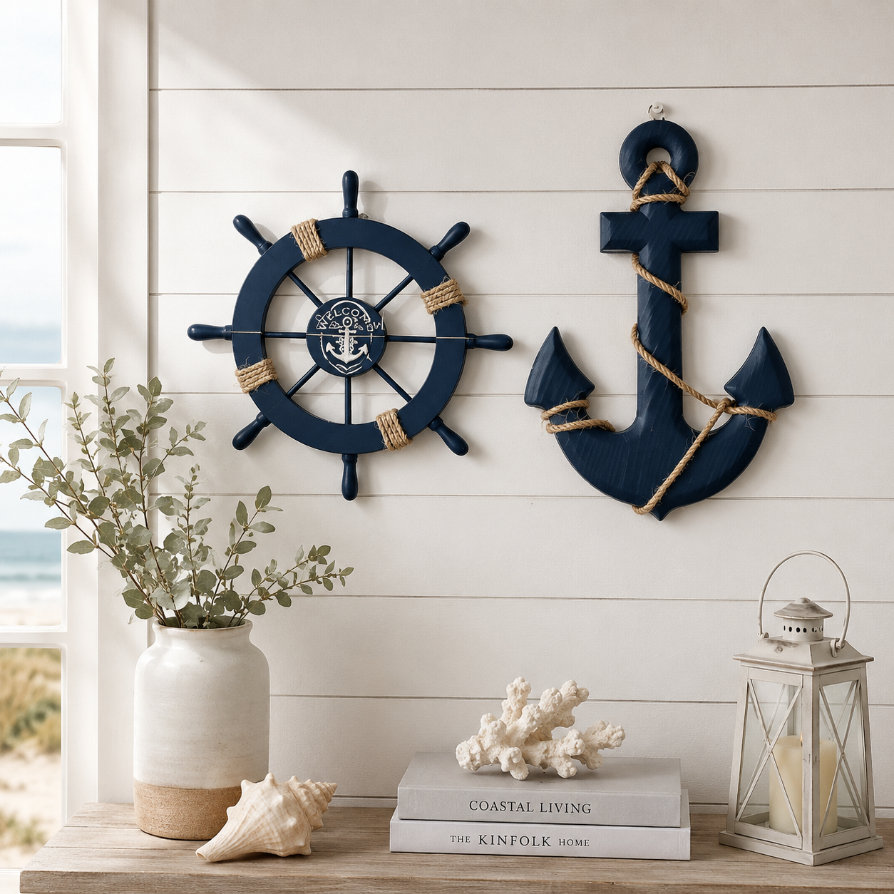 Set de 2 Décorations Murales Marines Bois – Gouvernail & Ancre