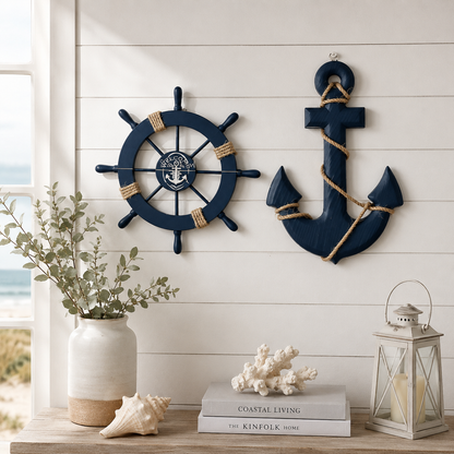 Set de 2 Décorations Murales Marines Bois – Gouvernail & Ancre