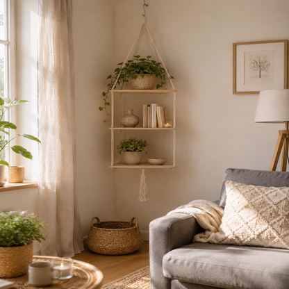 Étagère Murale Suspendue Macramé Bohème – Étagère Flottante Bois