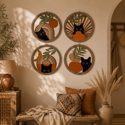 Lot de 4 Décorations Murales Rondes Bois Ajouré – Déco Bohème Chat
