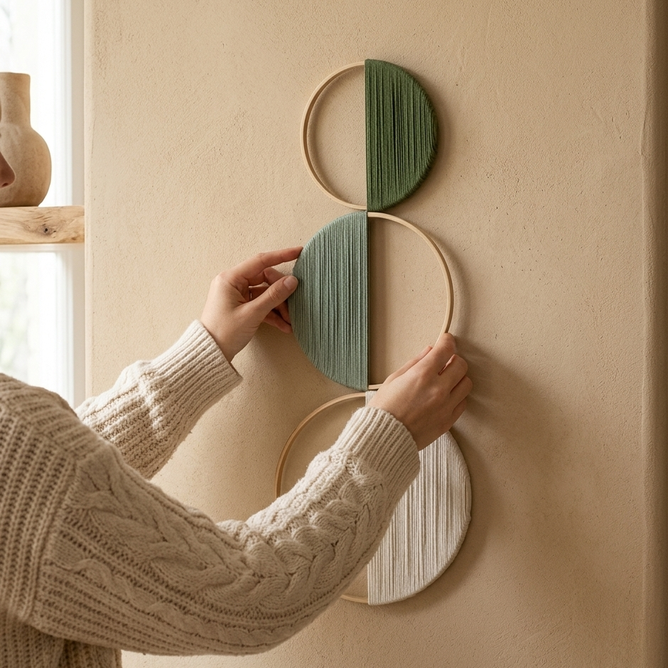 Lot de 3 Décorations Murales Cercles en Bambou – Tenture Bohème Géométrique Vert Sauge & Naturel