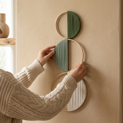 Lot de 3 Décorations Murales Cercles en Bambou – Tenture Bohème Géométrique Vert Sauge & Naturel