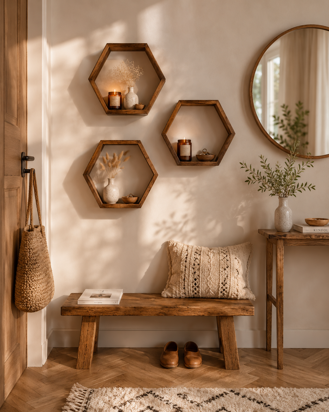 Lot de 3 Étagères Murales Hexagonales Bois – Déco Scandinave