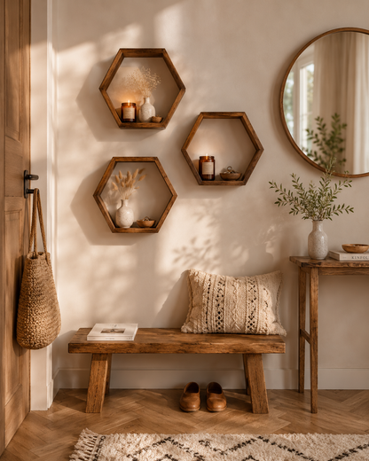 Lot de 3 Étagères Murales Hexagonales Bois – Déco Scandinave