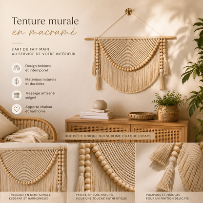 Tenture Murale Macramé Perles Bois – Déco Bohème Demi-Lune