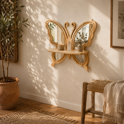 Étagère Murale Bois Forme Papillon & Miroirs – Déco Bohème